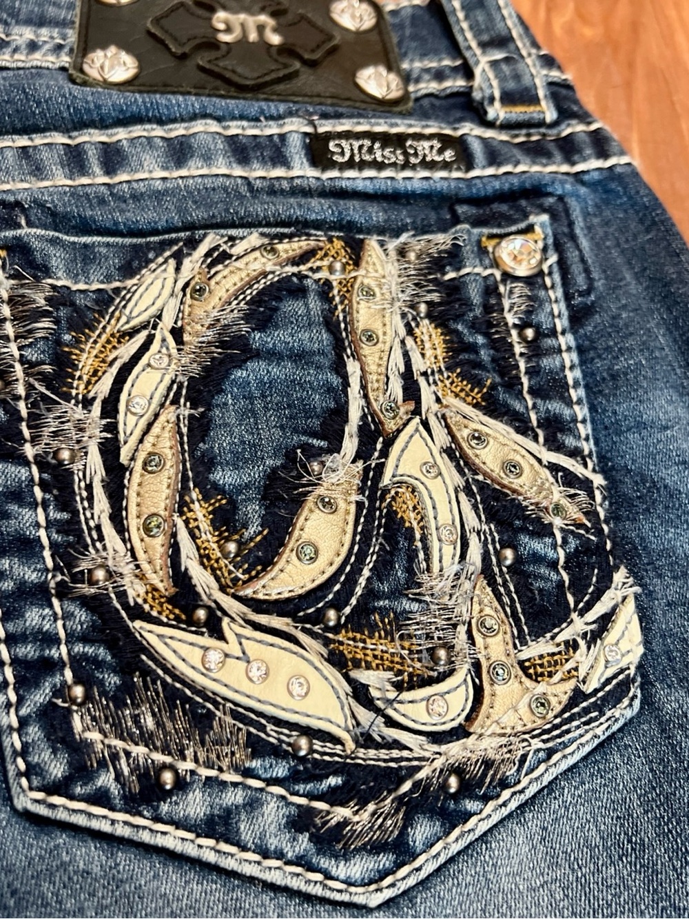 Y2K Miss Me Low Rise Jeans Size 27/30 Peace Sign & Rhinestone Boot Cut